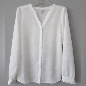 Button Down Blouse white long sleeves size M v-neck